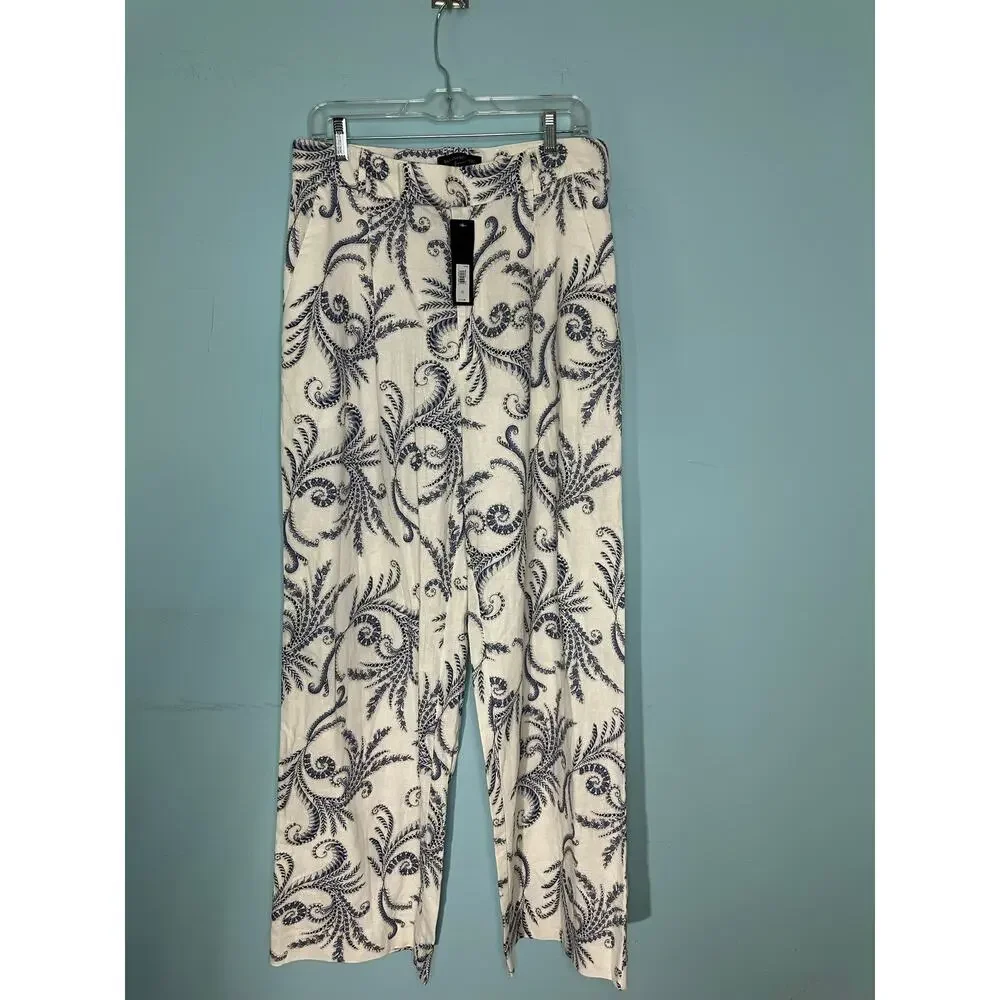 Banana Republic wide-leg pants linen-blend blue paisley Size 12 NWT